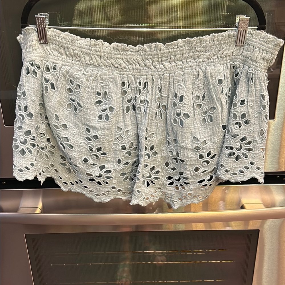 Free People Light Blue Eyelet Off-Shoulder Crop Top